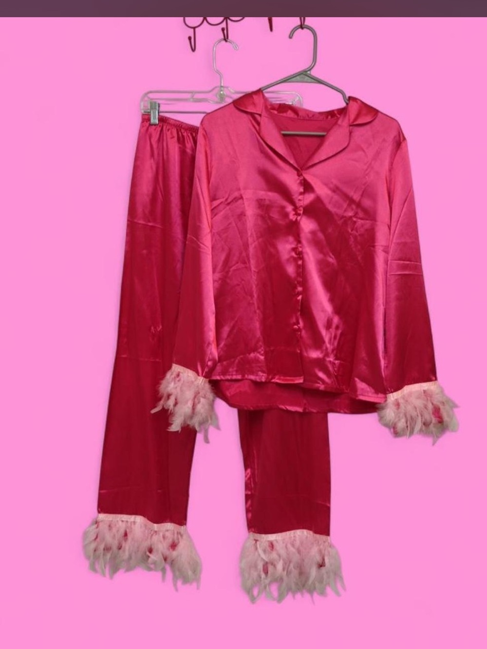 🪶👛Pink Satin Feather Pajamas (a set)